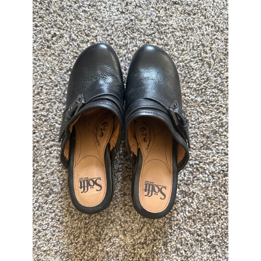 Sofft Clogs Women 8.5 M Black Excellent Leather Buckle Block Heel Mules 1084401